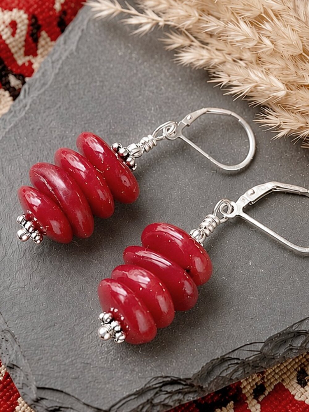 Red Coral Earrings Sterling Silver Leverback Hooks Gemstone Jewelry
